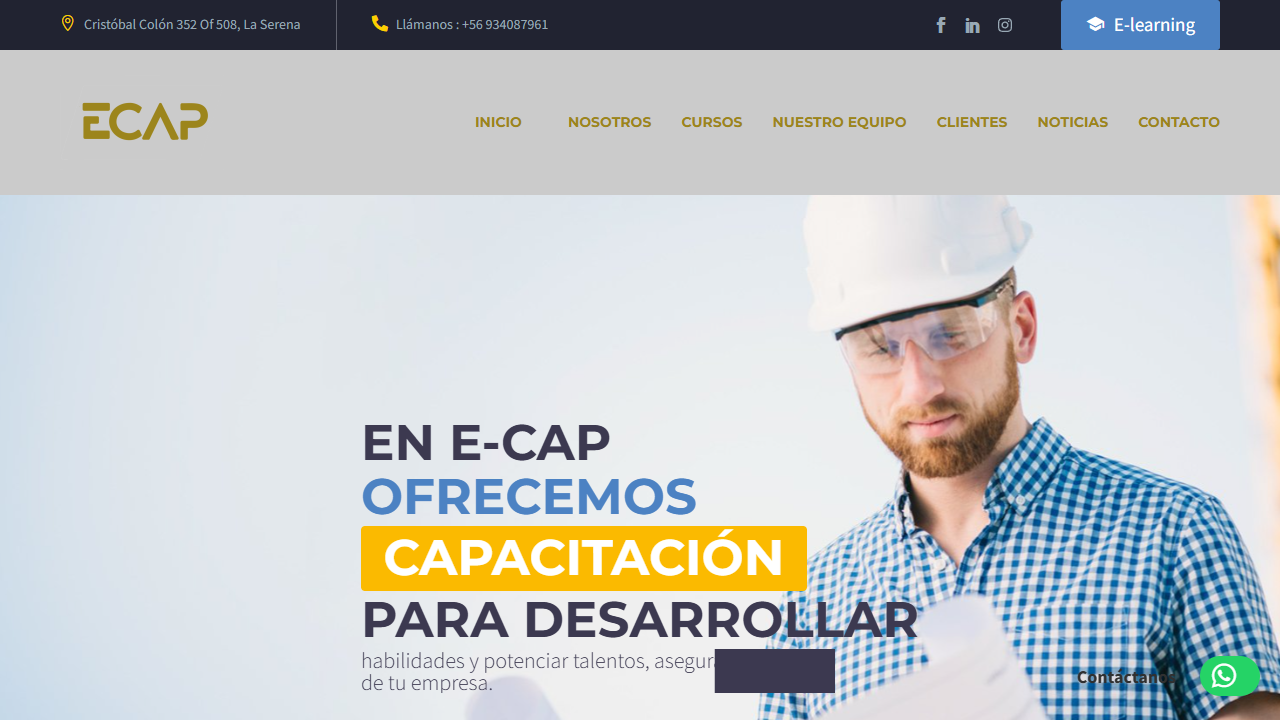 Captura de pantalla del sitio web de E-CAP, OTEC de capacitación