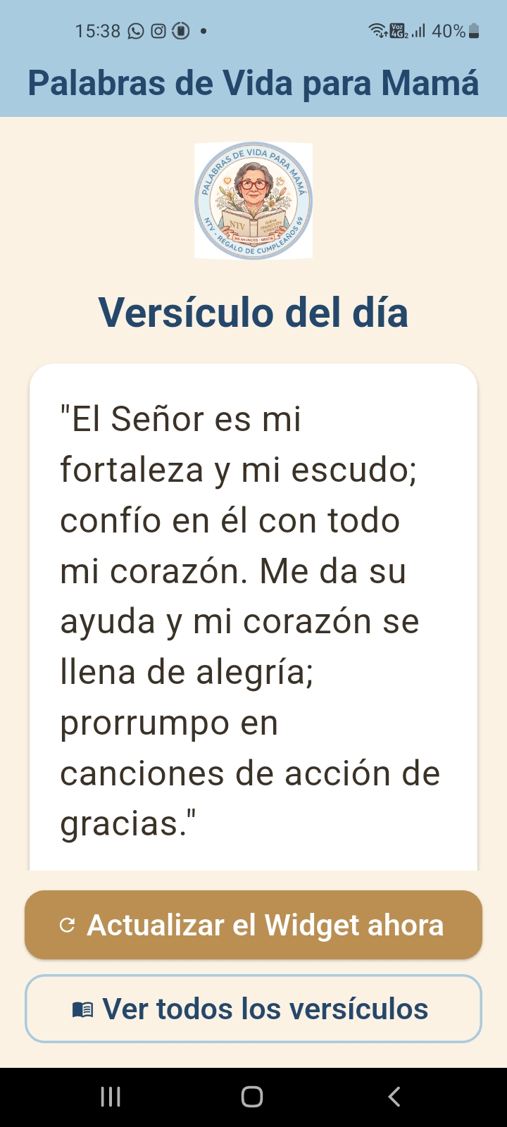 Captura de pantalla de la app Android Palabras de Vida para Mamá, versículo del día