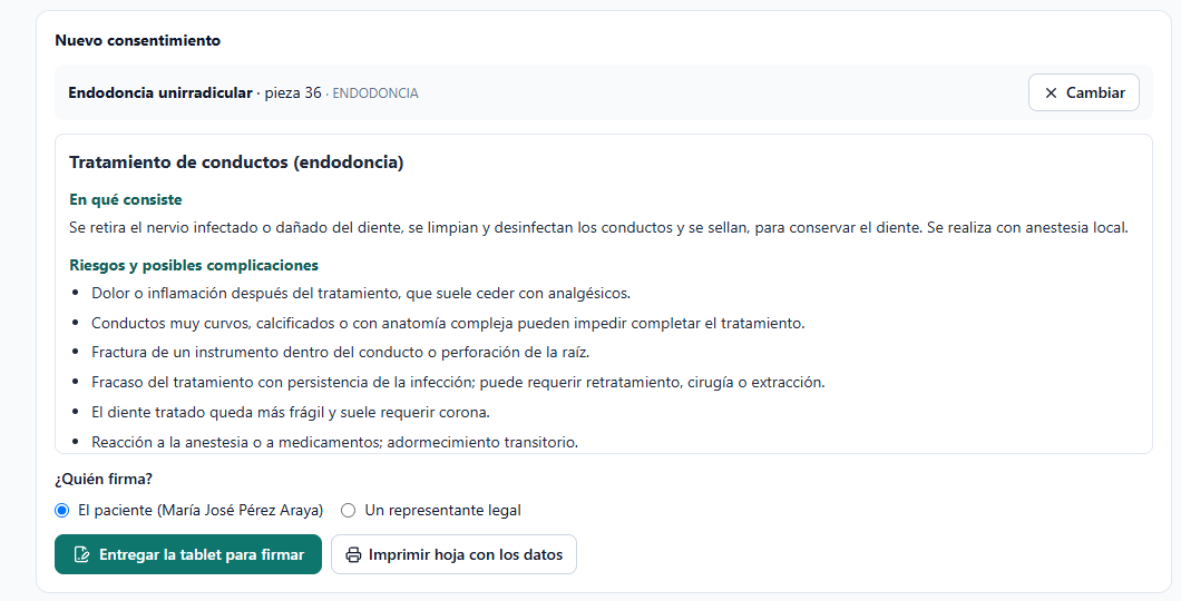 Preparar el consentimiento: elegir quién firma y entregar la tablet o imprimir