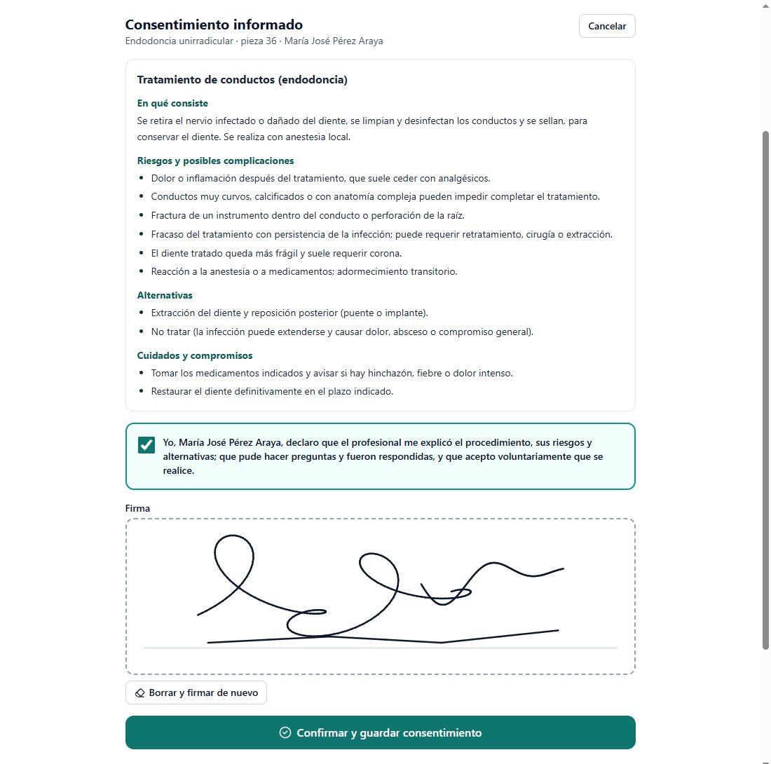 Pantalla de firma del consentimiento informado en tablet con firma manuscrita